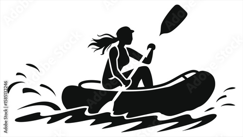 Woman Rafting on Water Silhouette - Minimalist Black Vector for Adventure & Water Sports