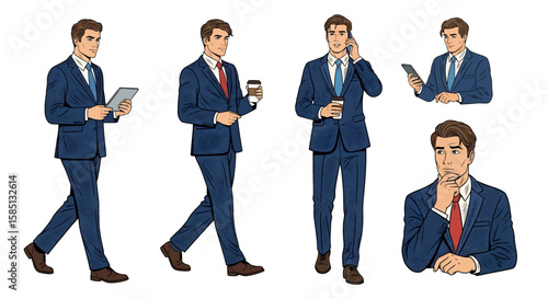 Set of Adobe illustrator vector flat style illustration of diverse businessman in various confident poses, ideal for corporate, finance, and professional themes, showcasing modern leadership