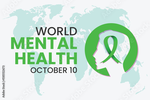 World Mental Health Day with the green ribbon. Mental health awareness on 10 October. Vector