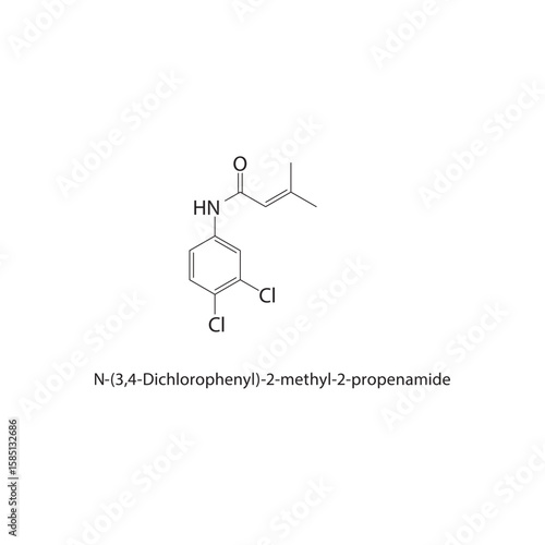 N-(3,4-Dichlorophenyl)-2-methyl-2-propenamide skeletal structure. halogen amide compound schematic illustration. Simple diagram, chemical formula.