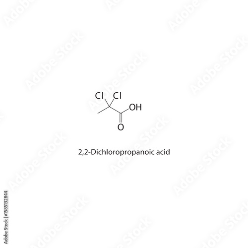 2,2-Dichloropropane skeletal structure. halogen alkane compound schematic illustration. Simple diagram, chemical formula.