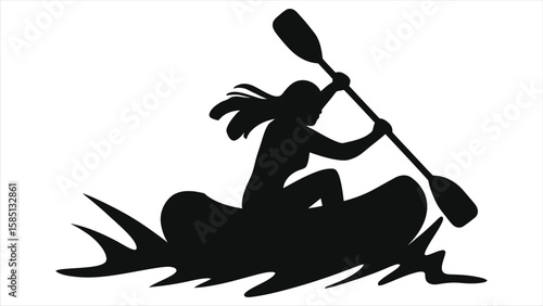 Woman Rafting in Rapids Silhouette - Minimalist Black Vector for Extreme Water Sports
