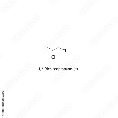 1,2-Dichloropropane, (±)- skeletal structure. halogen alkane compound schematic illustration. Simple diagram, chemical formula.