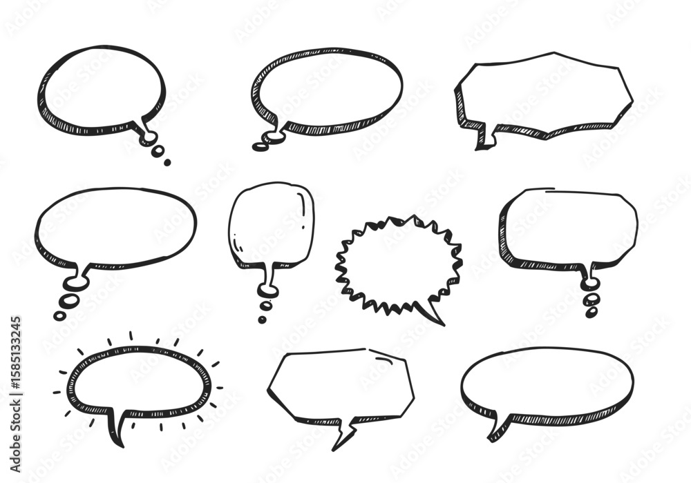 Fototapeta premium A collection of nine handdrawn speech bubbles of varying shapes and styles