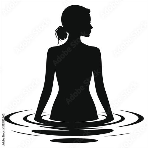 Woman in Water Looking Back Silhouette - Minimalist Black Vector for Spa & Swimming