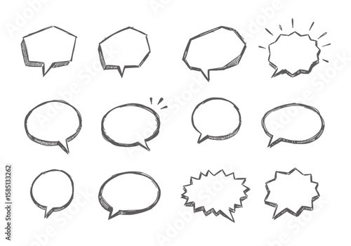 A collection of twelve handdrawn speech bubbles in various shapes and styles