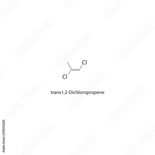 trans-1,2-Dichloropropene skeletal structure. halogen alkene compound schematic illustration. Simple diagram, chemical formula.
