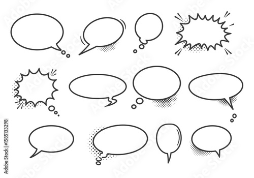 A collection of twelve handdrawn speech bubbles of varying shapes and styles some with a retro halftone shadow effect