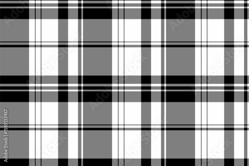 Classic monochrome plaid pattern. Seamless texture of interwoven stripes in black, grey, and white. Versatile for backgrounds, textiles, or design elements. Timeless style.