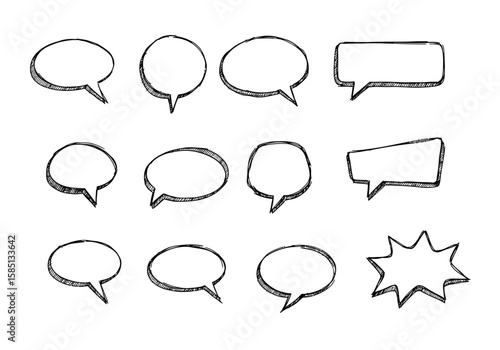 Handdrawn black and white speech bubbles varying shapes with sketched edges and pointed tails