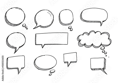 Handdrawn speech bubbles circles rectangles cloud shape outlined in black with sketched shadows