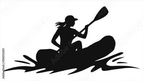 Woman Rafting Silhouette Vector - Minimalist Black Design for Adventure Water Sports