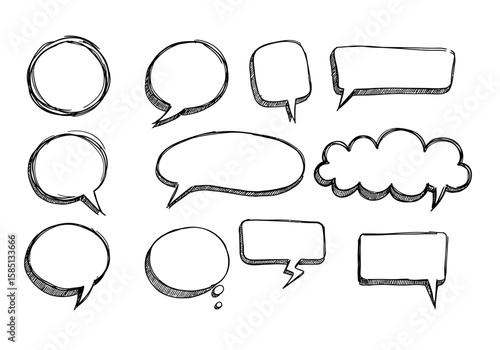 Handdrawn speech bubbles of varying shapes outlined in black with white interiors