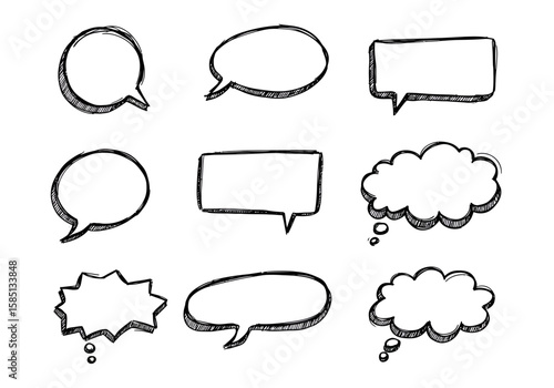 Nine handdrawn speech bubbles in various shapes with sketch lines and shadow effects