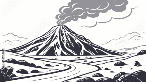 Volcano eruption drawing vector illustration with smoke and lava landscape mountain nature design art