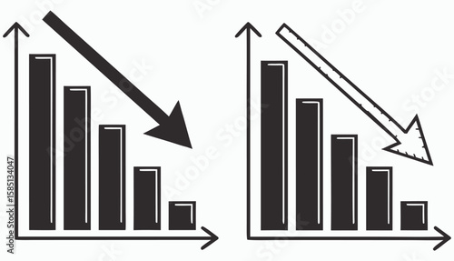 Dual bar graphs with downward arrows representing financial decline and negative trend analysis in business metrics