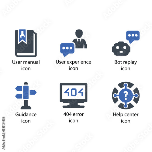 User manual, User experience, Bot replay, Guidance, 404 error, Help center, icon