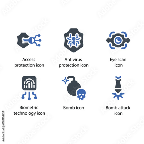 Access protection, Antivirus protection, Eye scan, Biometric technology, Bomb, Bomb attack, icon