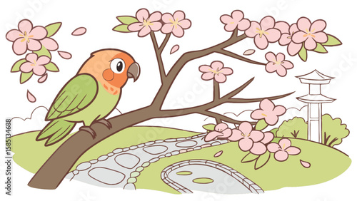Lovebird parrot perched on cherry blossom branch in japanese garden spring nature scene illustration vector