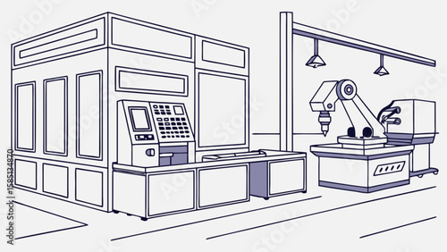 Automated manufacturing cell with robotic arm for industrial production and cnc machine automation system