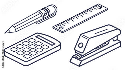 Isometric outline drawing of pencil, ruler, calculator, and stapler on a white background office supplies