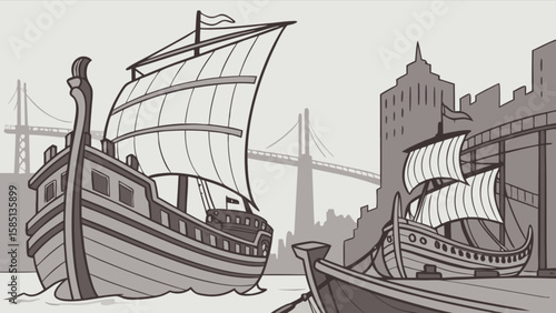 Vintage sailing ships and bridge drawing illustration for maritime history and travel themed designs