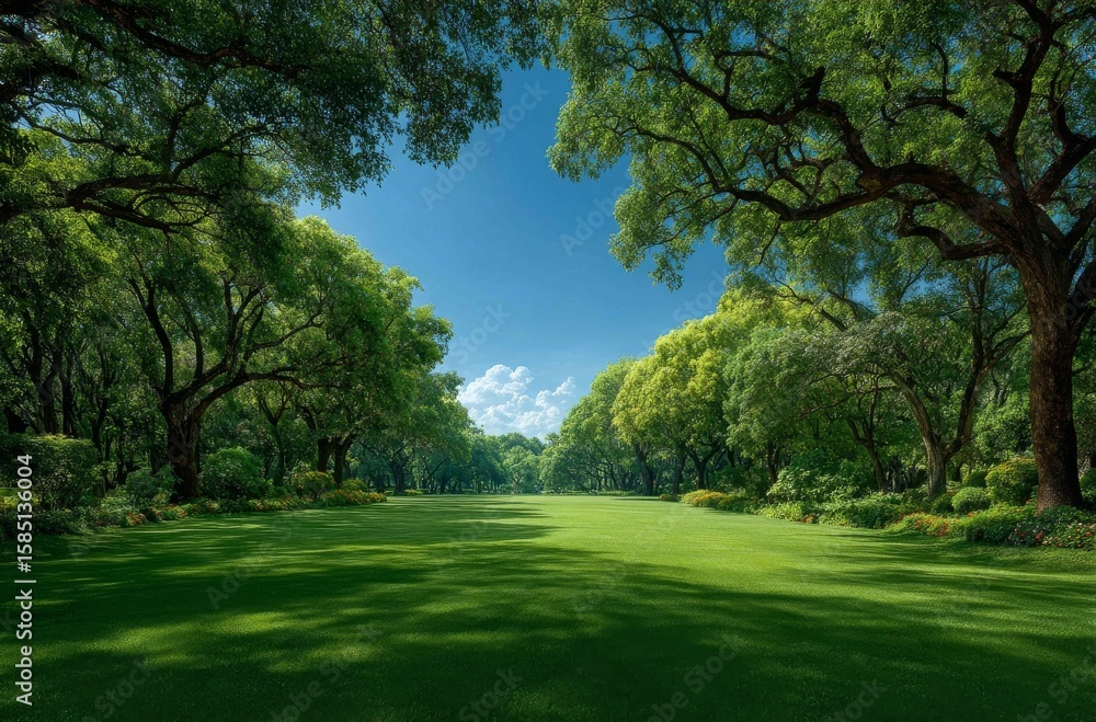Obraz premium Serene Lush Green Park Landscape: Picturesque Avenue of Majestic Trees, Vibrant Flora, and Sunny Sky in a Tranquil Outdoor Setting.