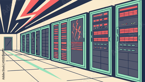 Data center server room illustration for cloud computing and network infrastructure use cases and applications
