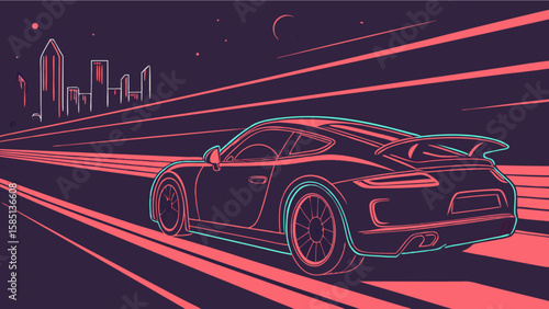 Neon sports car speeding through city at night vector art illustration for automotive enthusiasts design