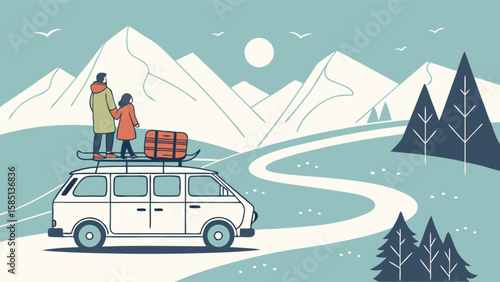 Road trip adventure couple traveling in van to the mountains with luggage and skis for vacation fun