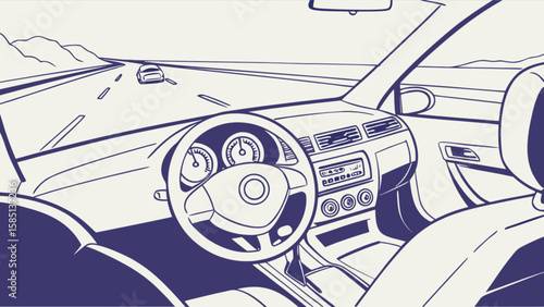 Car interior view driving on highway illustration dashboard steering wheel transportation travel vehicle design 100