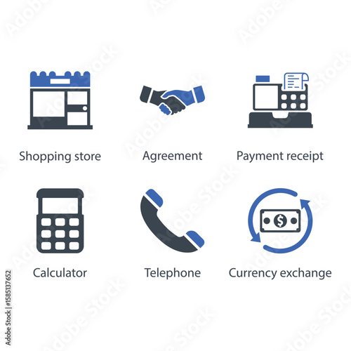 Shopping store, Agreement, Payment receipt, Calculator, Telephone, Currency exchange, icon