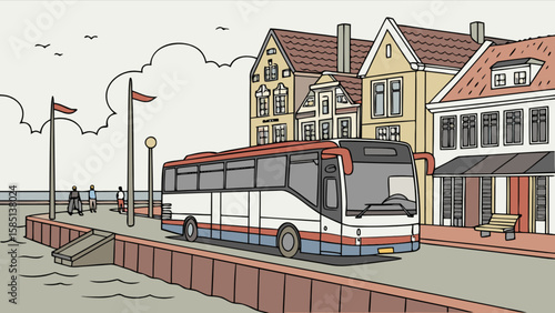Cartoon bus tour travel illustration with coastal city buildings and people on the pier drawing style