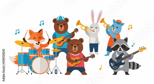 Cartoon Animal Band: Fox on Drums, Bears with Guitars, Rabbit and Cat on Trumpets, Raccoon on Bass