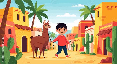Cartoon Boy Leads Brown Llama Through Colorful Desert Townscape Illustration