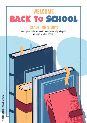 Back to School Poster. Stack of Books Banner Template. Minimalist Education Design for Classroom Decor, Library, bookshop or Student Motivation. Vector Illustration for advertising, sale, flyer.