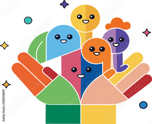 Diverse characters held within open hands with colorful shapes and stars holding