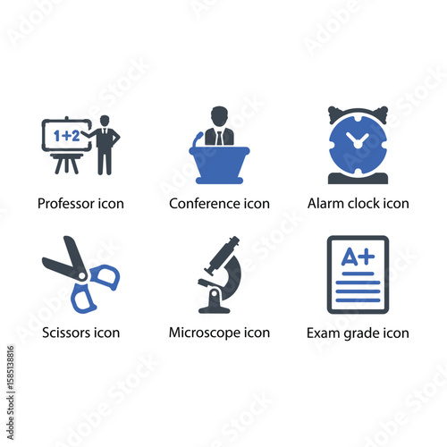 Professor, Conference, Alarm clock, Scissors, Microscope, Exam grade, icon