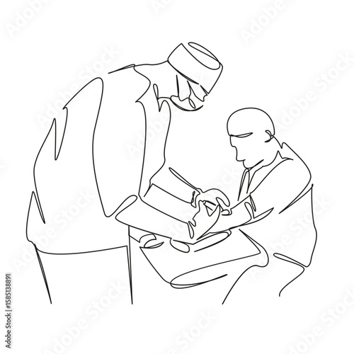 One continuous single drawing line art flat doodle doctor, patient, blood, adult, senior adult, care, blood sampling, analysis. Isolated image hand draw contour on a white background, hand drawn, not 