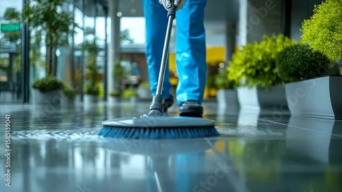 Professional cleaner wiping and cleaning the floor of an office building for hygiene