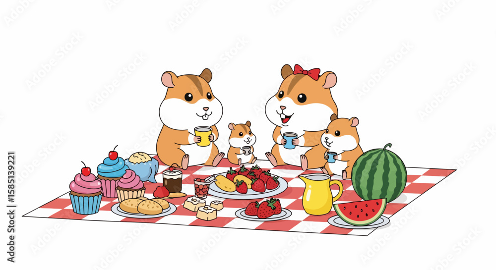 Obraz premium Cartoon Hamster Family Picnic with Watermelon, Cupcakes, and Strawberry Treats