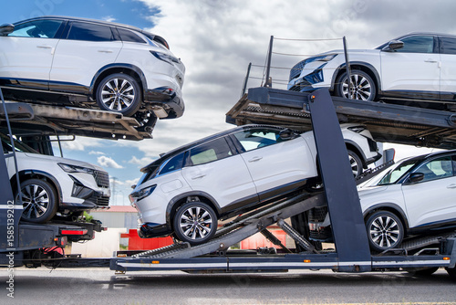 Fotografie Modern white SUVs stacked on a multi-level car transporter trailer, ready for delivery or export