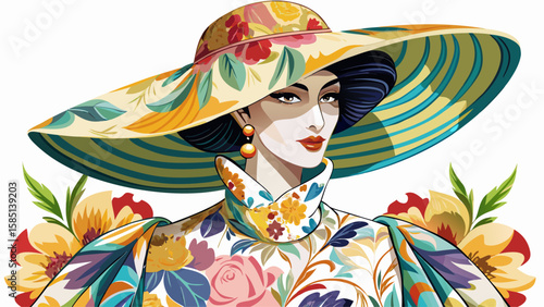 Kentucky Derby fashion includes an elegant floral dress and oversized hat, showcasing Southern refinement, ideal for glamorous vector artwork with a high-society aesthetic.