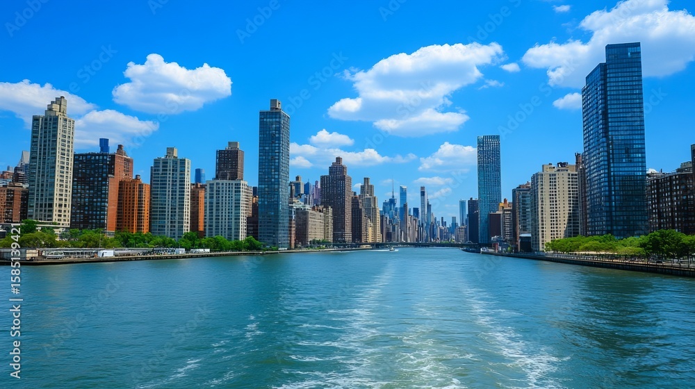 Fototapeta premium City skyline reflected in a waterway on a sunny day