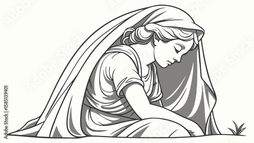 Drawing of a sad woman in grief with veil and grass, illustration for coloring page or tattoo design