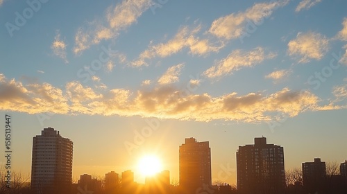 City skyline silhouettes at sunset, golden light through clouds