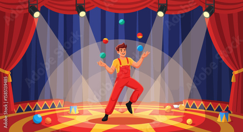 Cartoon Juggler in Red Overalls Performing on a Circus Stage with Spotlights