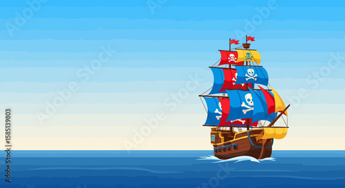 Cartoon Pirate Ship with Skull and Crossbones Sails on the Open Sea