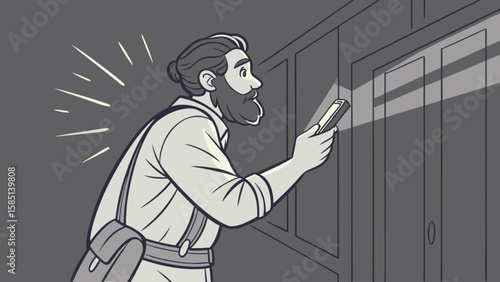 Man using phone flashlight to illuminate dark room searching for something lost or hidden object mystery