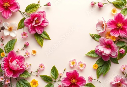 Delicate floral spring pattern with vibrant blooms and leaves on pastel background, leaves, elegant